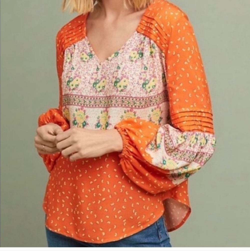 Anthropologie Maeve‎ Ceresco Orange Floral Pleated Peasant Top 🌼 Small   💖